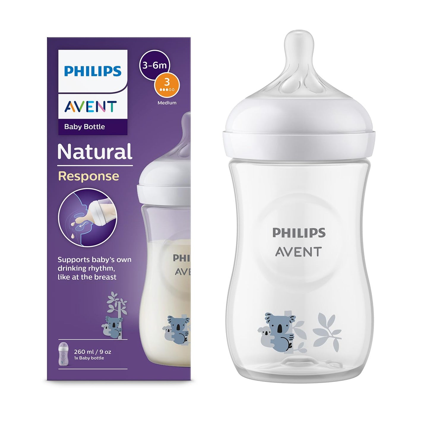Avent Philips Natural Response Baby Bottle 260Ml Baby Milk Bottle, Bpa Free For Babies 1 Month+, Koala Pattern (Model Scy903/6
