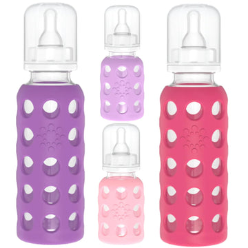 Lifefactory Glass Baby Bottles With Silicone Protection - 4-Pack, 4 Oz/9 Oz Bottles, (1- Pink, 1- Raspberry, 1- Lavender & 1- Gr