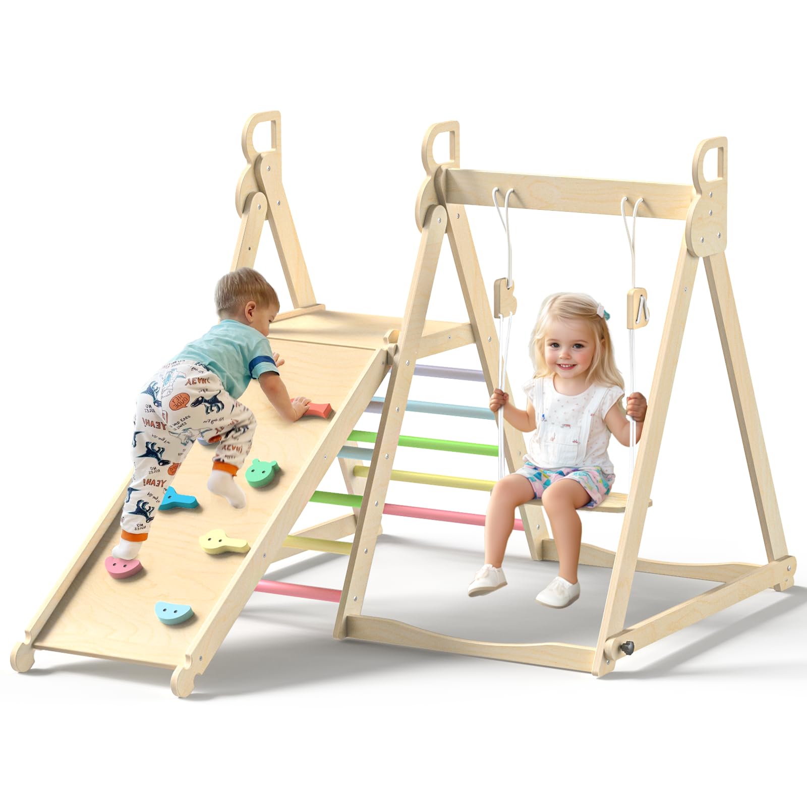 Bluewood 4 In 1 Indoor Jungle Gym, Foldable Wooden Climbing Set With Swing, Slide, Ladder And Climbing Wall, Montessori Philosop
