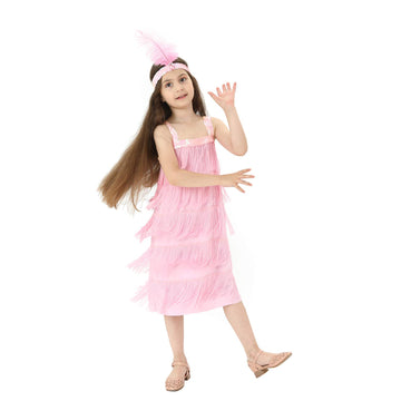 Leadtex Girls 20S Flapper Dresses Costume Dress Childrens Party Fringed Dresses With Feather Headband,Size M8-10,Pink