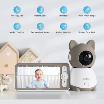 Iegeek Baby Monitor With 2K Camera And Audio - Video Monitor With 5' Screen - Night Vision, Two-Way Talk, Cry & Motion Detectio