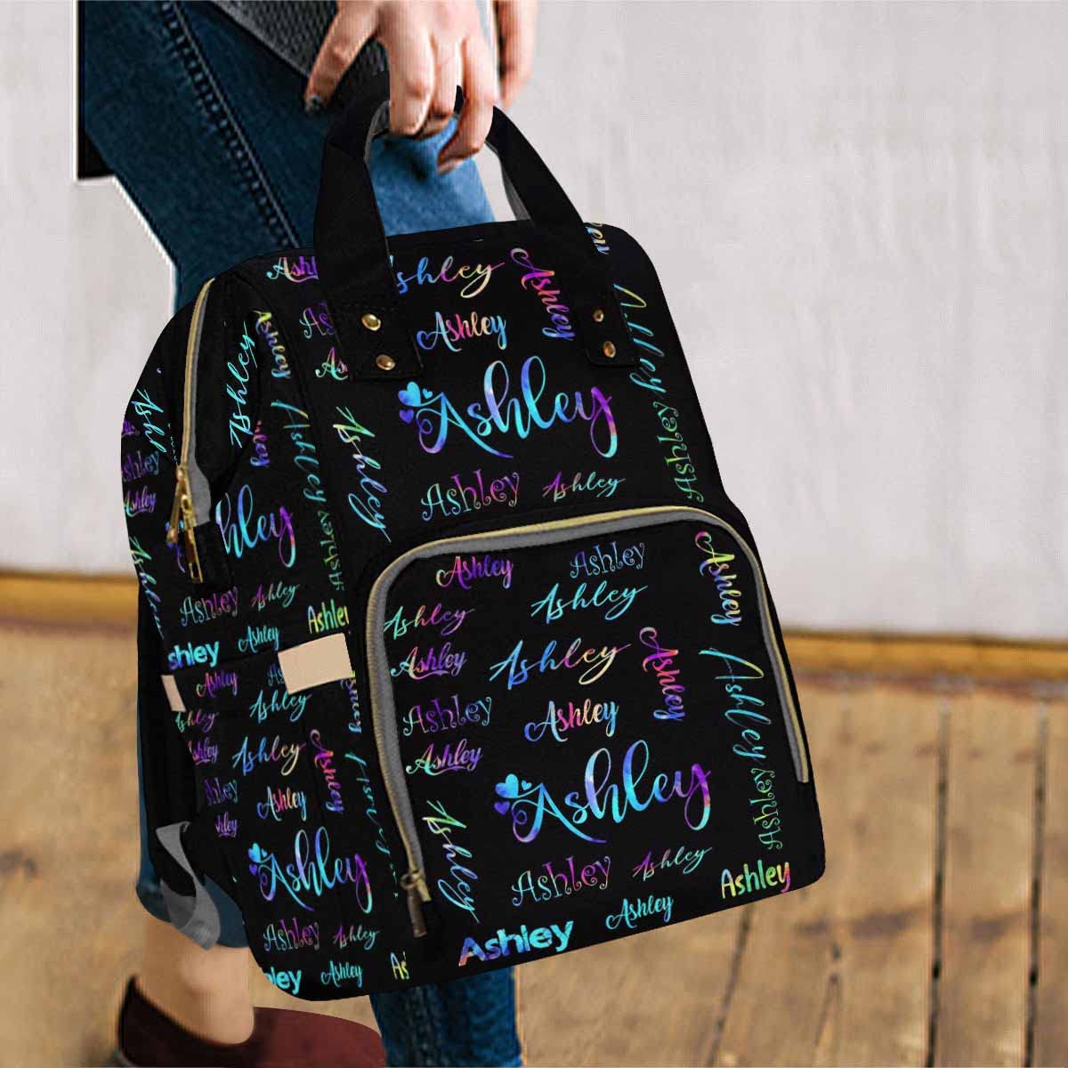 Artsadd Custom Name Diaper Bag Mommy Nappy Bags, Personalized Black Purple Gradient Monogram Handbags Large Capacity Multi-Funct