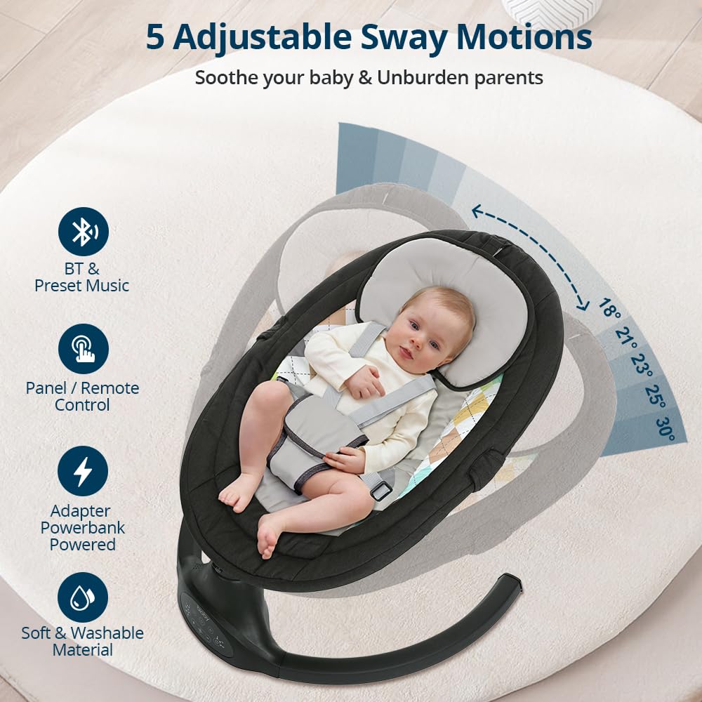 Bioby Baby Swing For Infants With 5 Natural Sway Speeds, Portable Bt Music Rocker With Remote Control&5-Point Harness, Lightweig