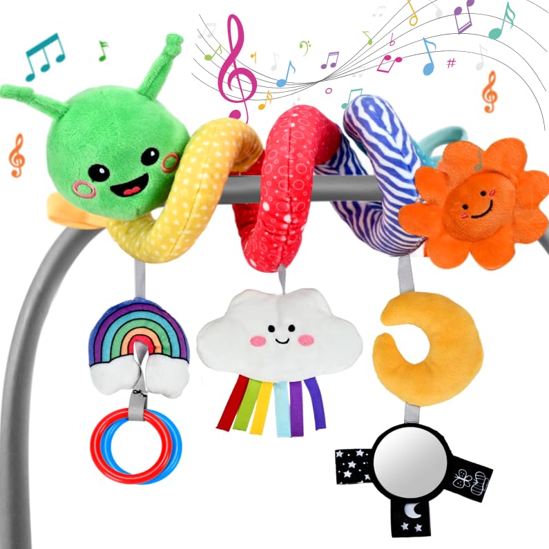 Plush Baby Crib Hanging Toy-Touch-Activated Music Box (30 Sounds), 0-3-6-12 Months Infant Sensory Toy w/Cloud/Sun/Rainbow/Moon/M