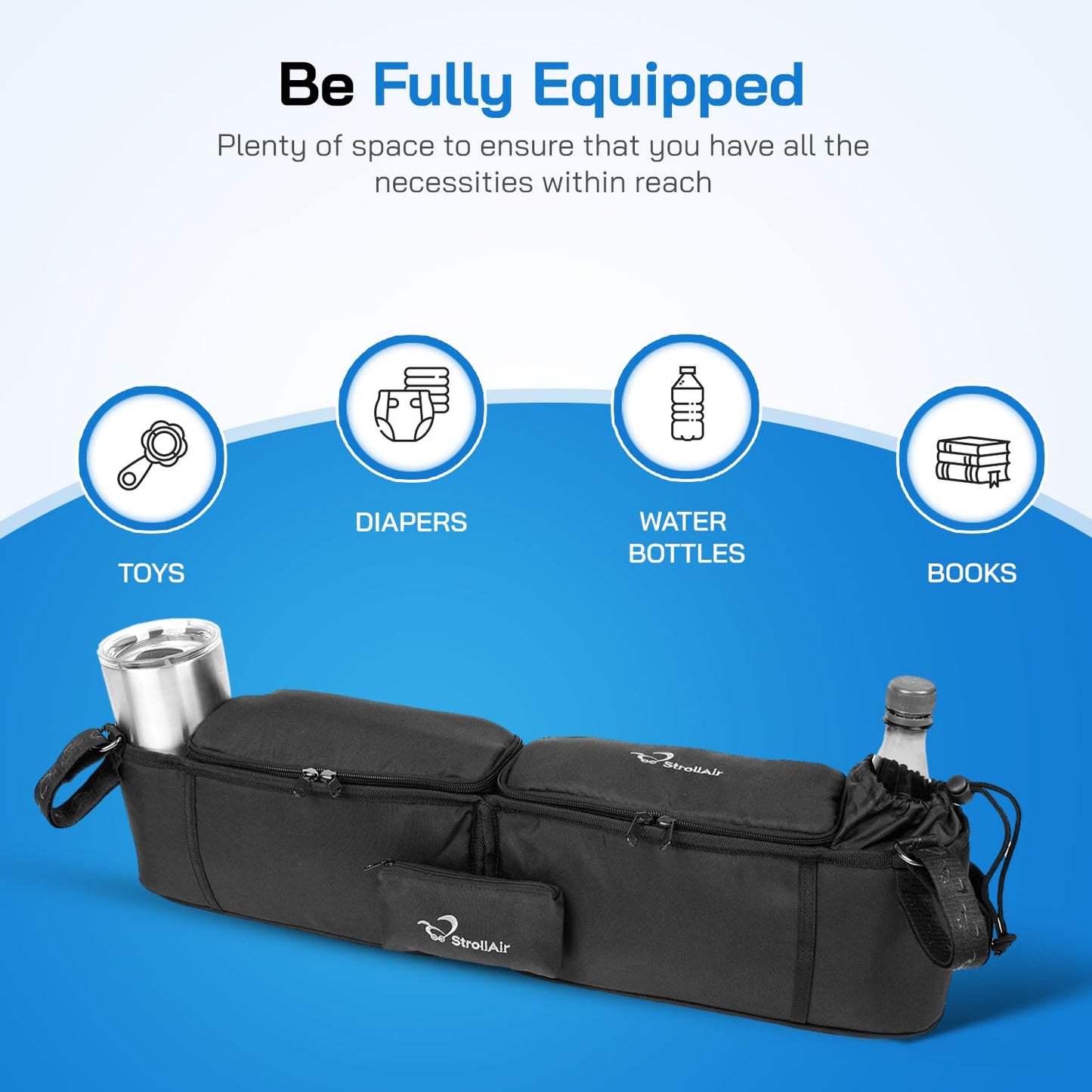 Strollair - Universal Best Double Parent Stroller Organizer Caddy Insulated Cup Holder Console Side-By-Side Mountain Buggy Twin