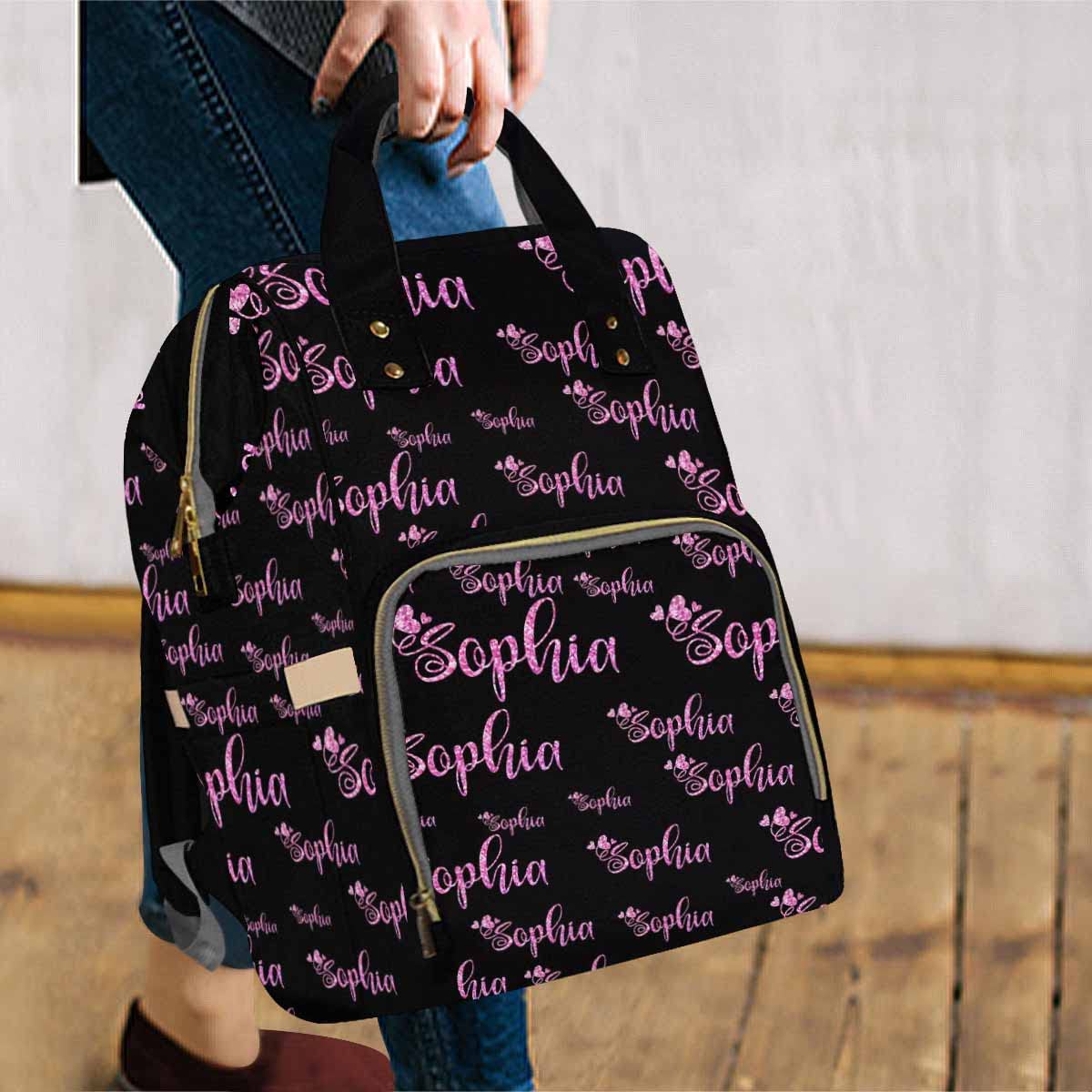 Artsadd Custom Name Diaper Bag For Mom, Personalized Pink Glitter Monogram Backpack With Stroller Straps Large Travel Shoulder B