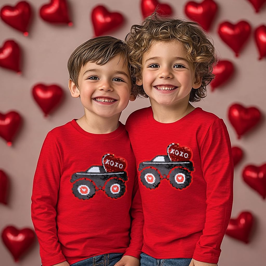 Toddler Boys T-Shirt Valentine'S Day Shirt Flip Sequin Tractor Heart Tops Kids Girls Long Sleeve Baby Tees 2T