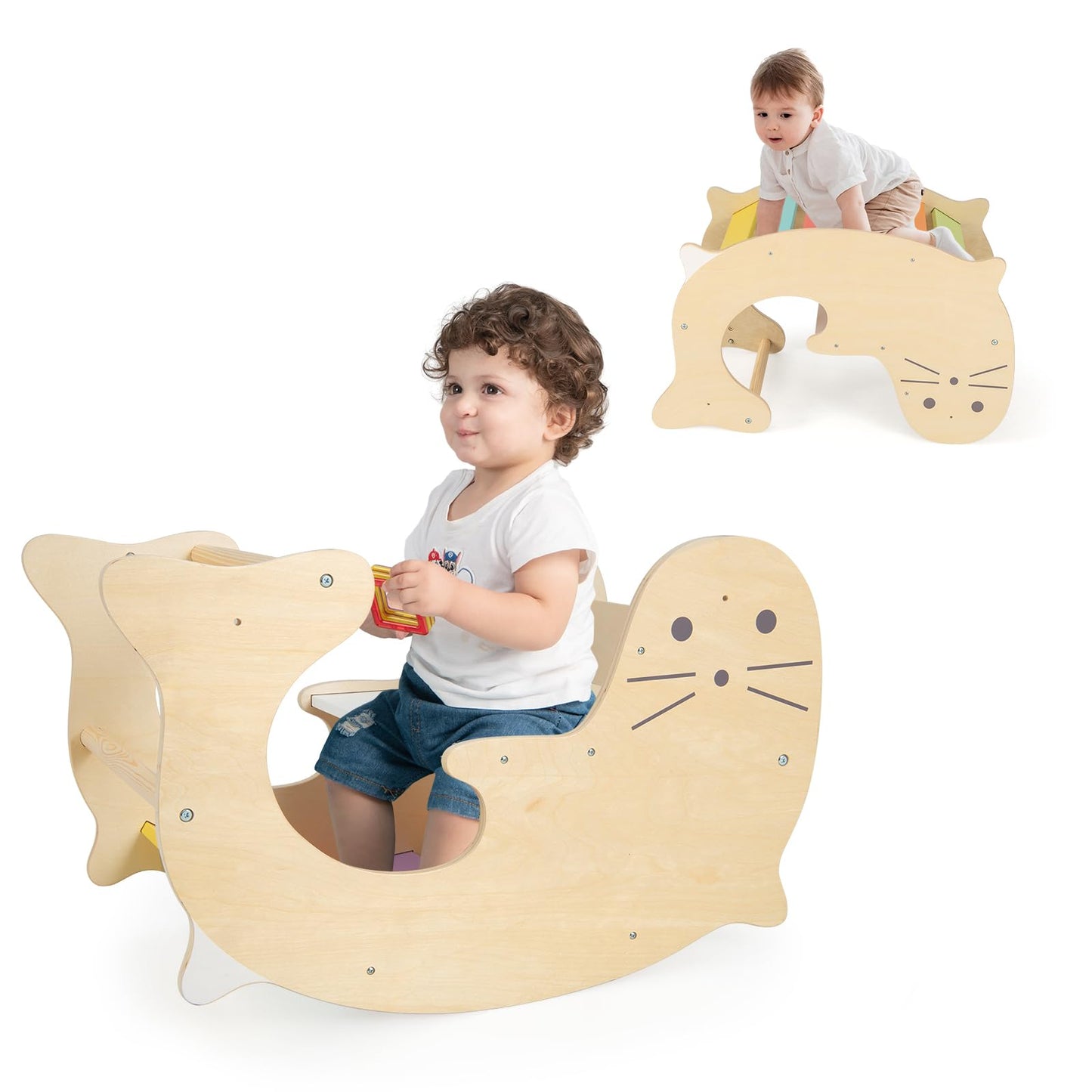 Olakids Climbing Arch for Toddlers, 3 in 1 Kids Wooden Rocking Horse Toy Climber Rocker Play Table, Baby Pikler Montessori Indoo