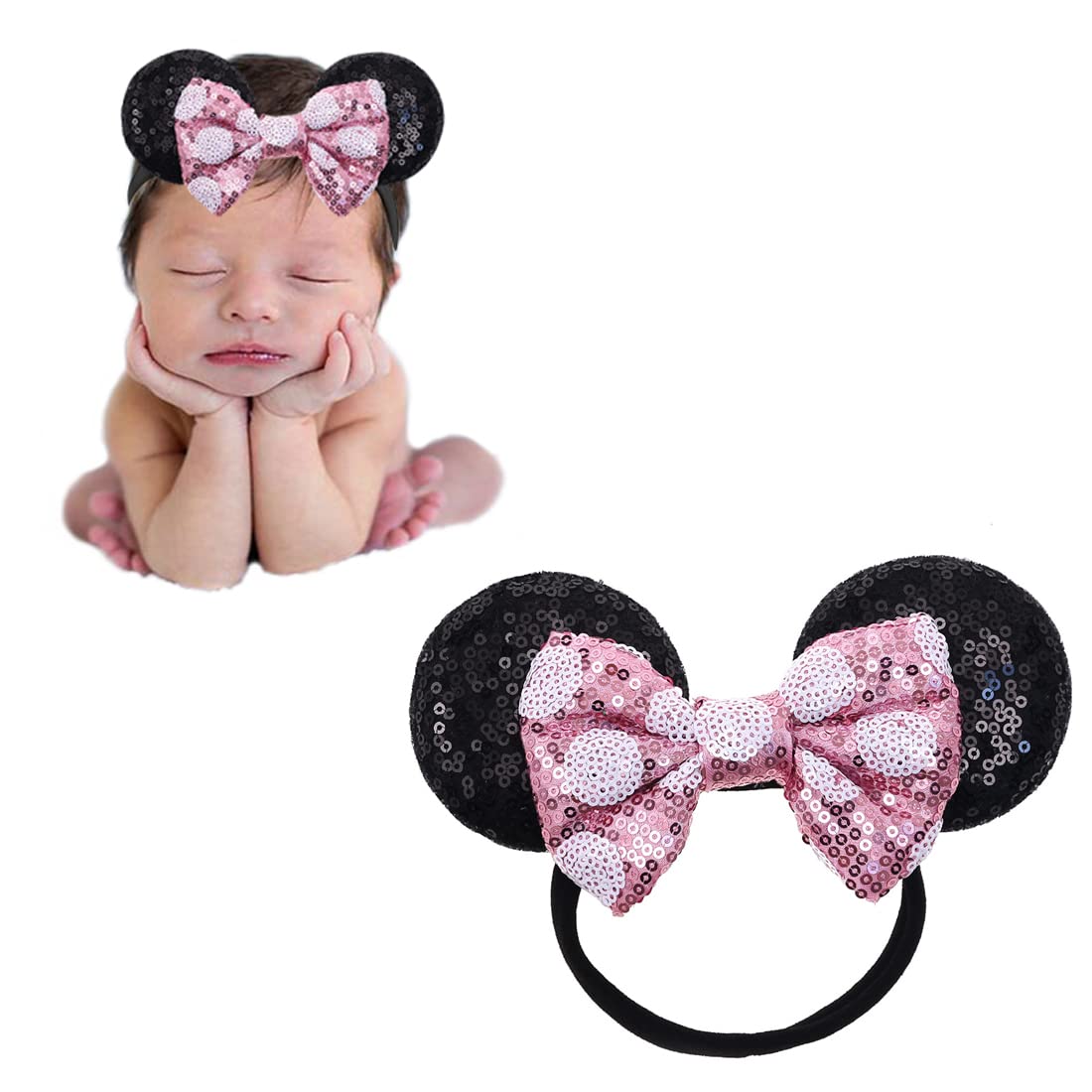 Jiahang Mouse Ears Sequin Bow Nylon Hairband With Polka Dot, Hair Bow Nylon Headband, Soft Elastic Costume Headwear For Baby Gir