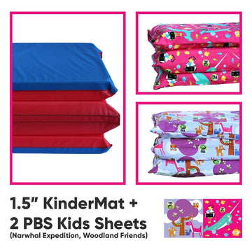 Kindermat + Pbs Kids Friends Kit - 1.5' Thick Full Nap Mat And 2 Washable Covers - 47' X 22', Narwhal Expedition And Woodland