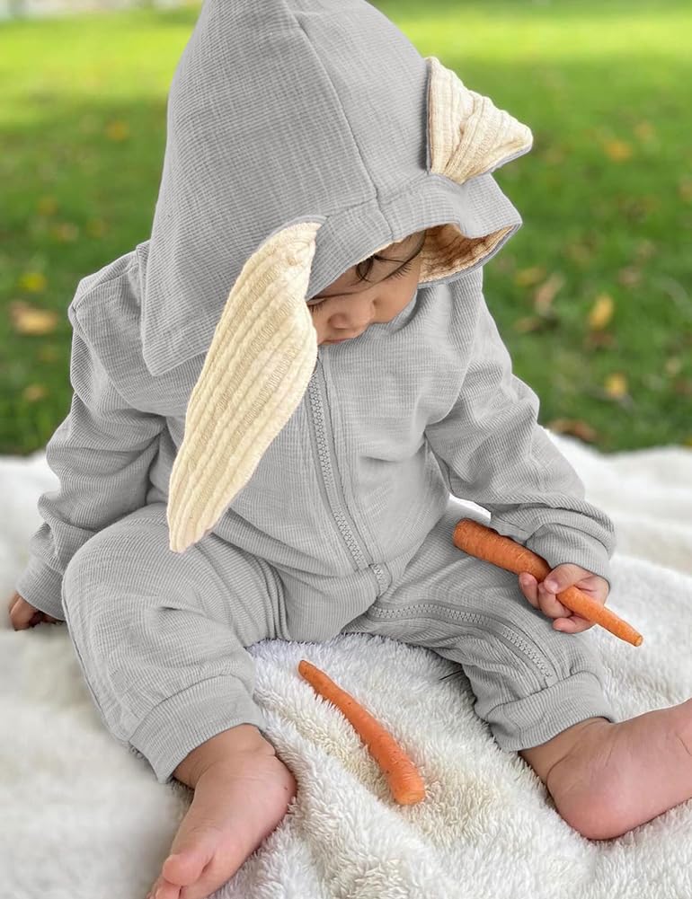 Agqt Baby Boys Easter Bunny Costume Halloween Animal Clothes Romper Bunny Ear Costumes Long Sleeve Hoodie Outfit Gray Size 18-24