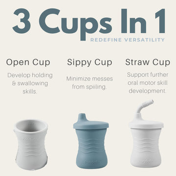 Pandaear Silicone Training Cup, 3 Pack Baby Drinking Sippy Cups With Straw For Baby And Toddler 6 Months+ (Dark Blue/Light Blue/