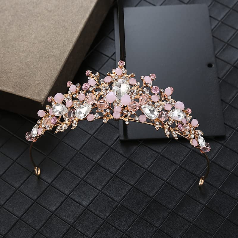 Yovecathou Girls Tiara Princess Crown Pink Headband Rhinestone Hairpiece For Halloween Costume Wedding Bridal Prom Birthday Part
