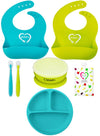 EVLAS Baby Feeding Set, Baby Led Weaning Supplies, Adjustable Silicone Bibs, Divided Plate, Suction Bowl with Lid, Soft Spoons