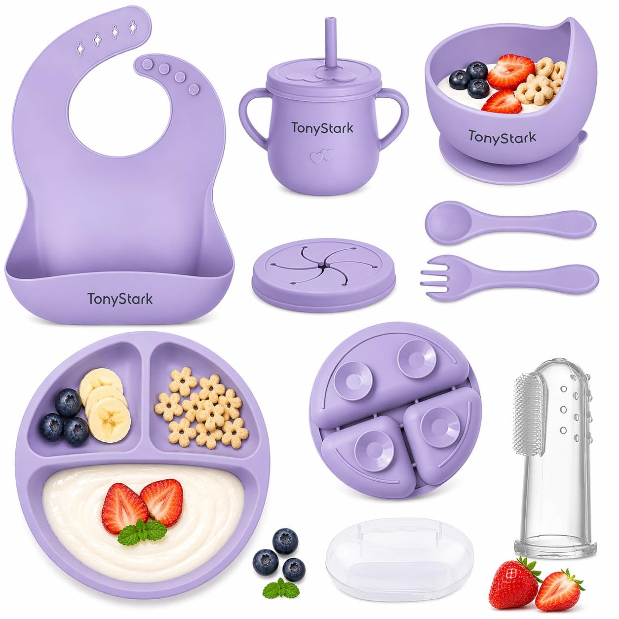 Tony Stark 7 Pcs Silicone Baby Feeding Set BpaFree,Microwave Safe,AntiSlip Base | Complete Tableware Kit For Babies & Toddlers