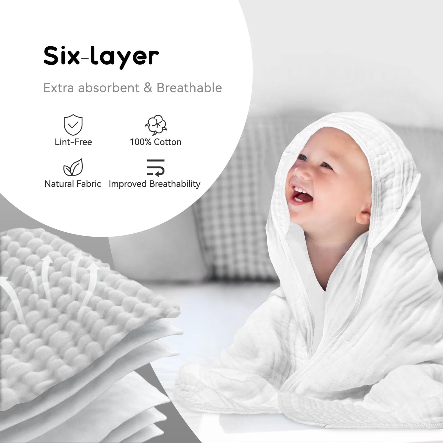 Arnzion Baby Hooded Towels For Babies And Toddlers, Muslin Baby Bath Towel Soft And Absorbency For Boys And Girls (Pure White 1