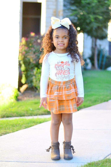 Unique Baby Girls Pumpkin Kisses Plaid 2 Piece Fall Thanksgiving Skirt Set (3T)