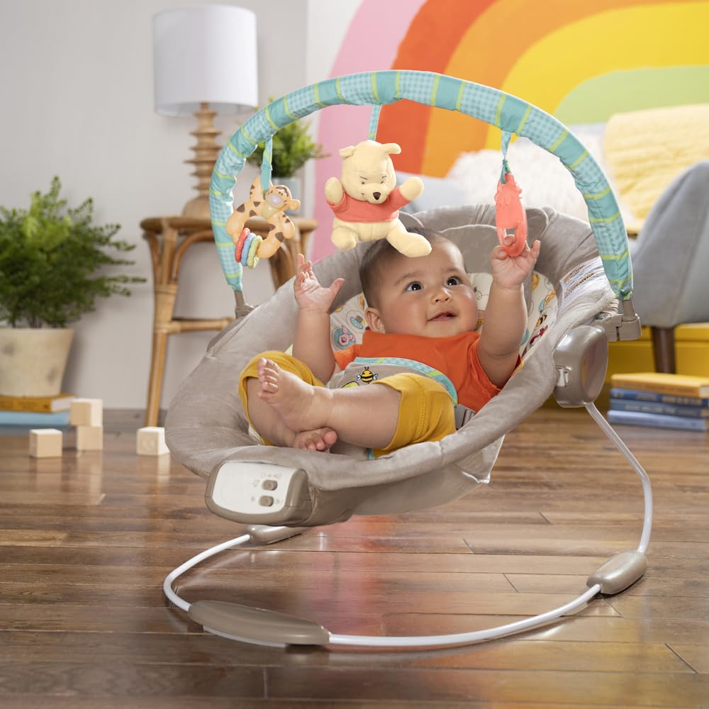 Bright Starts Disney Baby Winnie The Pooh Baby Bouncer Soothing Vibrations Deluxe Infant Seat - Faux Suede, Music, Removable -To