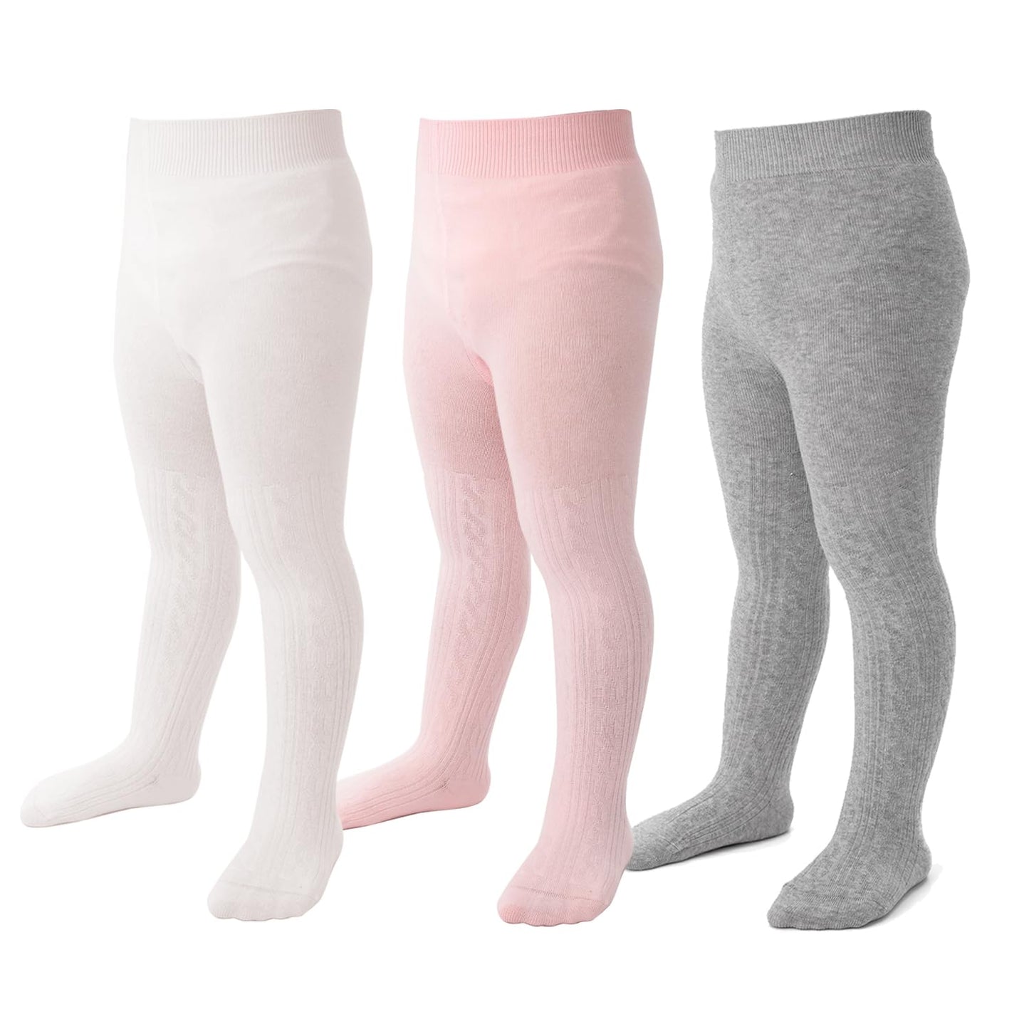 Marchare Baby Girls Tights Thick Solid Cable Knit Leggings Winter Warm Stockings For Toddler Girls 2-4T White/Lightgrey/Pink 3 P