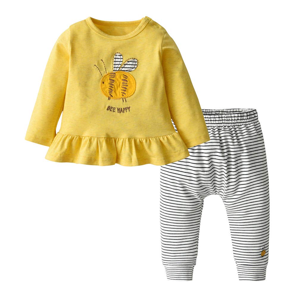 Eghunooy Baby Girls Clothes Set 2 Piece Long Sleeve Bee Pattern Infant Outfits (6-9 Months) Yellow
