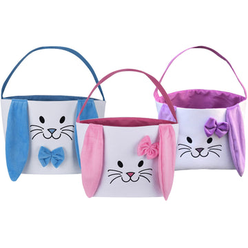 3Pcs Easter Bunny Basket - Canvas Cotton Carrying Gift And Eggs Hunt Bag, With Long Plush Ear Printed Rabbit Toys Bucket Tote Ba