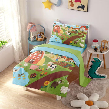 Ckou Ccoo 4 Pieces Toddler Comforter Set,Farm Animals Soft Lightweight Bedding Set For Baby Girls Boys,Toddler Quilt Kids Toddle