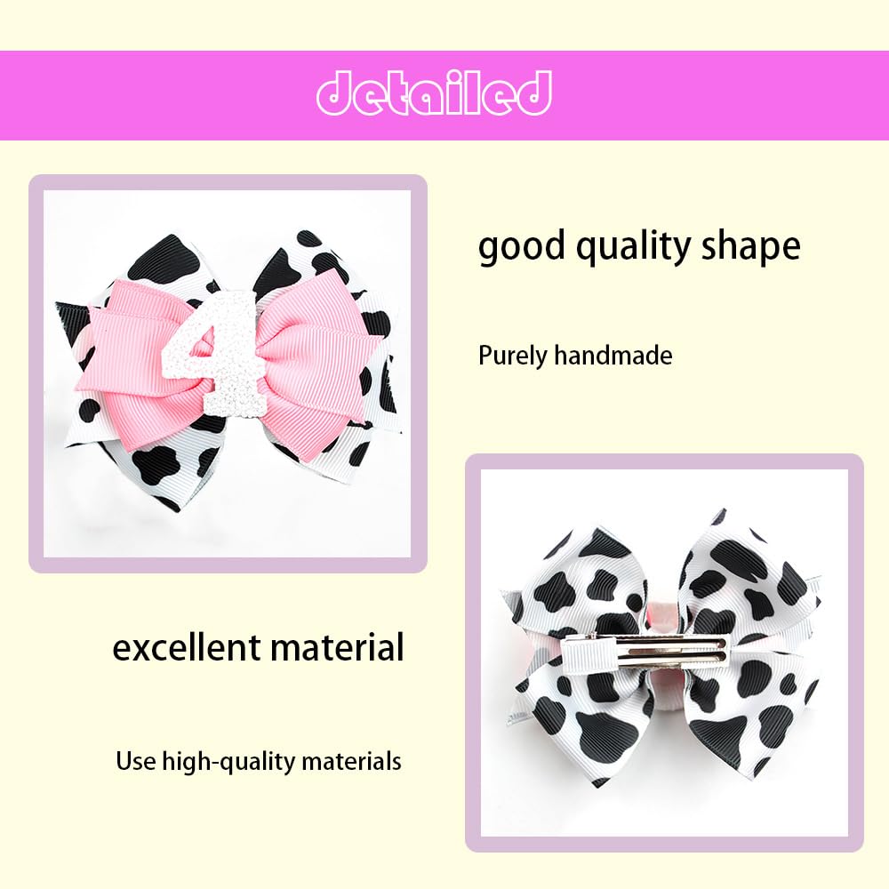 Birthday Hair Clips For Baby Girls - 2Pc Cow Print Bow With White Number Hair Clips For 4Th Birthday Baby Bow Party Decorations