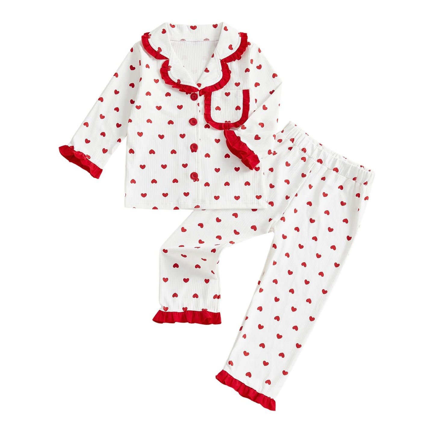 Kavousa Toddler Girl Valentines Day Spring Pajamas Set Baby Silk Pjs Heart Bow Button Down Shirt Long Pants Sleepwear (Heart Re