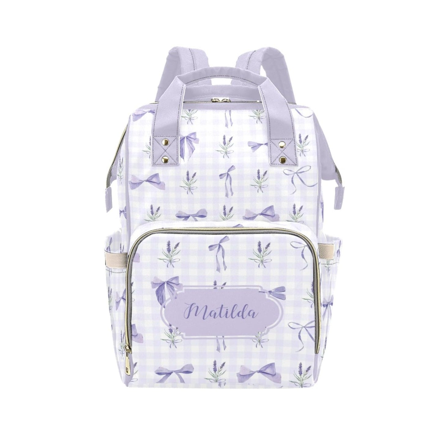 Custom Purple Bow Baby Diaper Bag with Name - Personalized Nursing Travel Tote Backpack for Mom or Dad, Custom Name Baby Daypack
