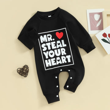 Twopumpkin Newborn First Valentines Outfit Baby Girl Boy Mr Steal Your Heart Long Sleeve Romper Jumpsuit Valentines Clothes (Bla