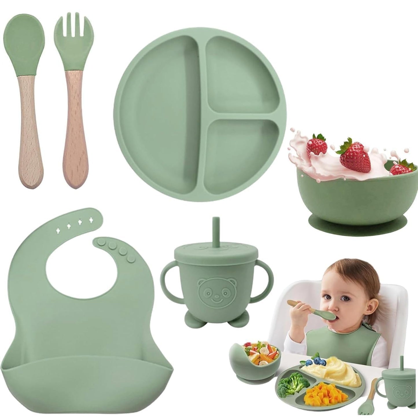 6Pcs Silicone Baby Feeding Set Suction Plate, Bowl, Bib, Spoon, Fork & Cup BpaFree, Microwave & Dishwasher Safe Soft & Sa