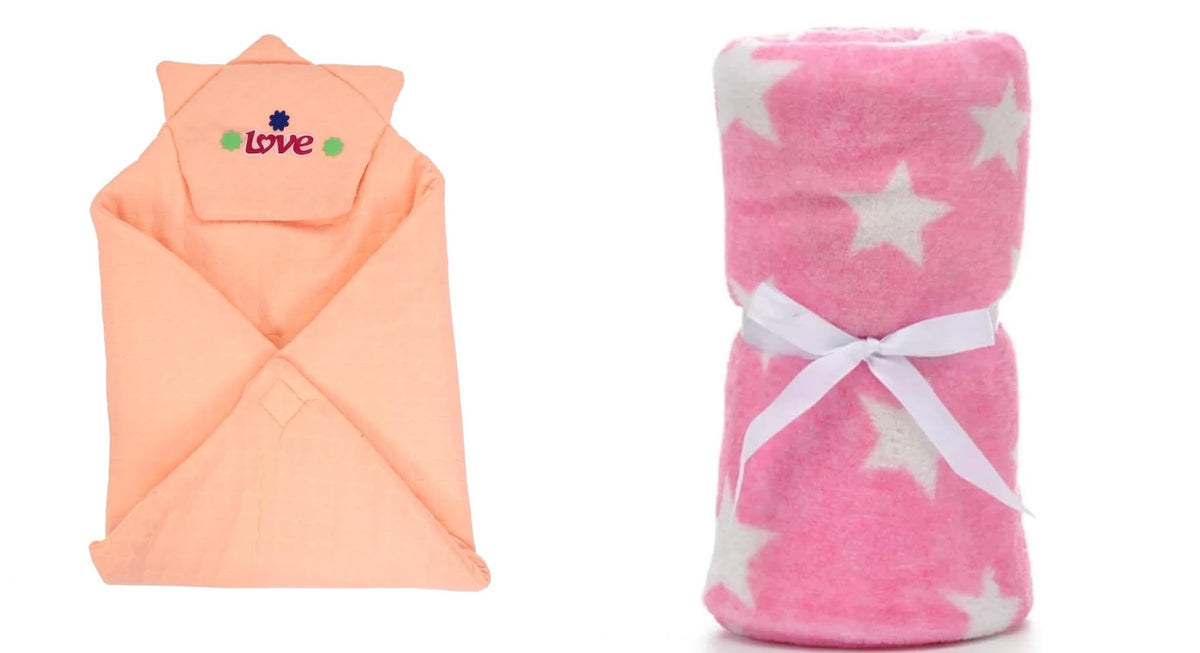 CTMKIDS Baby Wrap with Cap for Kids 74x74 cm Peach & Baby Blankets New Born Pack of Star Wrapper Bedsheet Pink