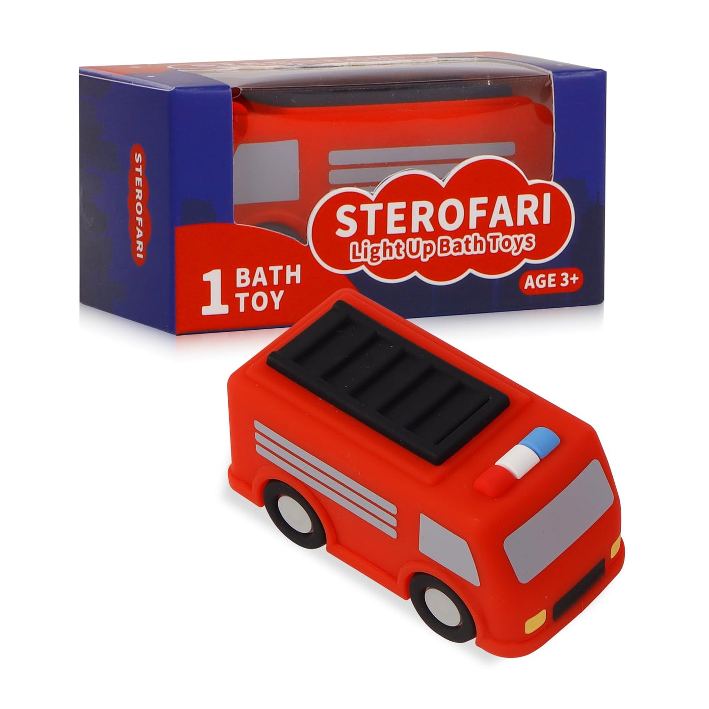 Sterofari Light Up Bath Toy -Fire Engine, 100% Food Grade Silicone Bathtub Toys, Shake-Activated Light Up Airplane Toy Flash & L