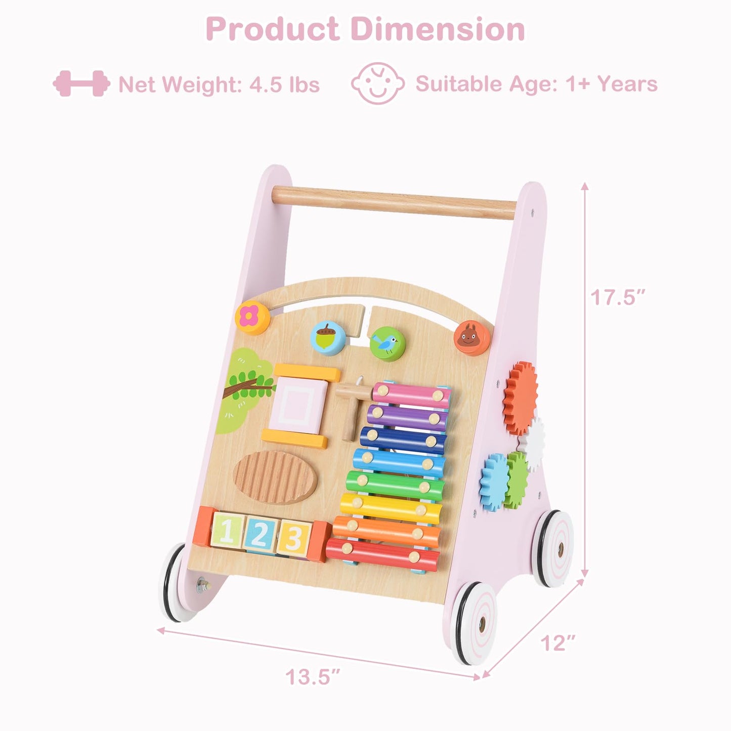 INFANS Wooden Baby Walker, Montessori Walker with Multiple Activity Toys, Storage, Push Walker Toys for Infant Learning to Walk,
