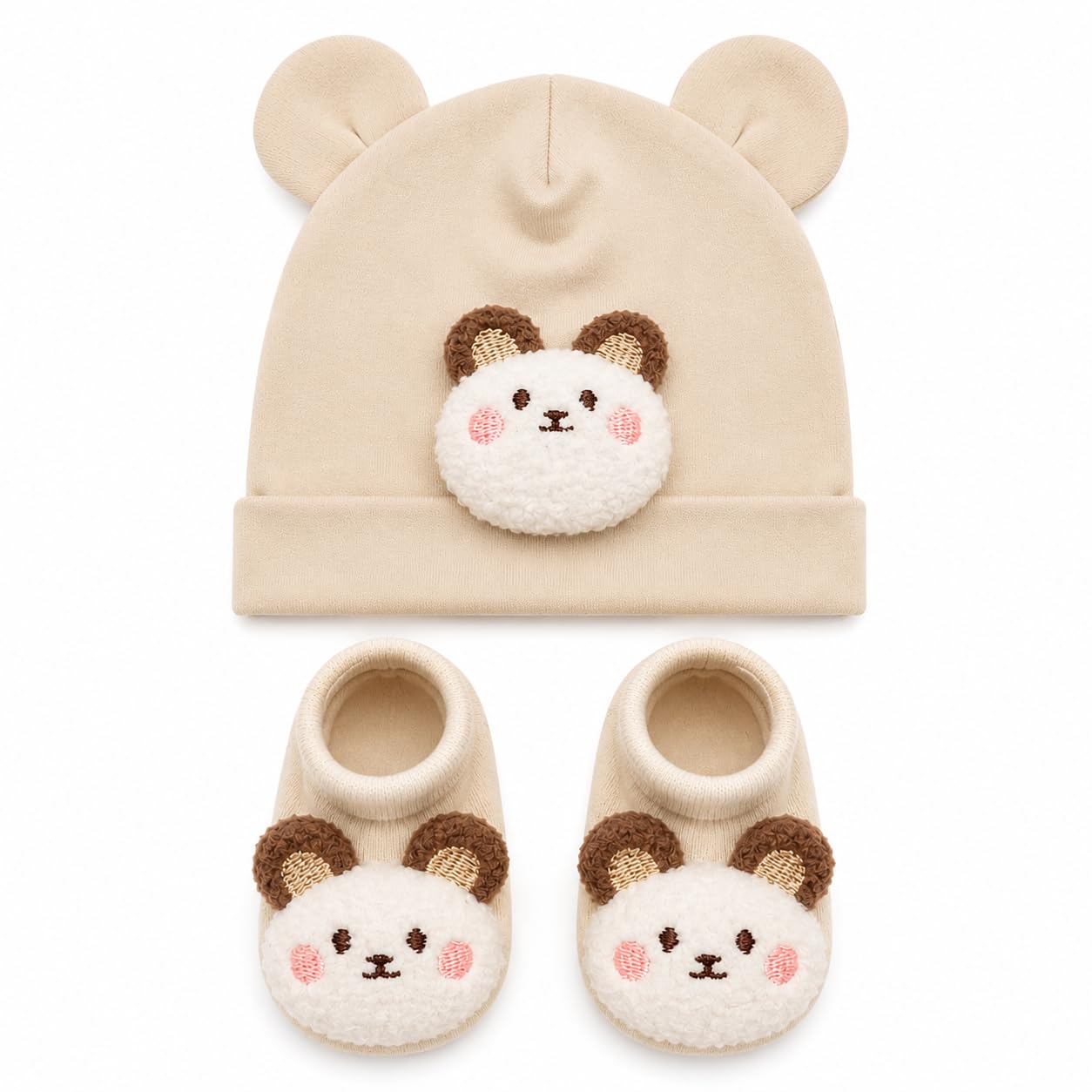Baby Station Newborn Cap & Booties Set With Bear Ears Cotton Cream