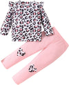 Retsugo Girls Leopard Outfits Ruffle Sleeve Leopard Long Sleeve T-Shirt And Pink Leggings 2Pcs Cute Outfits For Girls Clothes Fa