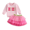 Toddler Baby Girl Valentines Day Outfit Red Love Heart Bow Sweatshirt And Tulle Tutu Skirts Set Cute Spring Clothes (Xoxo Layere