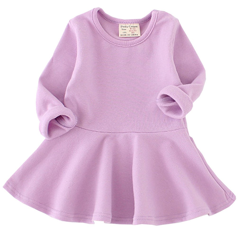 Csbks Toddler Baby Girls Long Sleeve Cotton Dress Solid Ruffle Tops 18 Months Purple