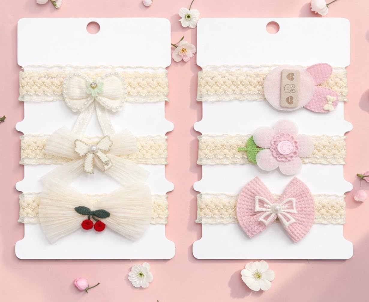 Hair Sparkles Baby Headbands Set Of 6 Lace Bow & Floral Style, Soft Stretch Elastic Bands, Multicolor For Infants & Toddlers
