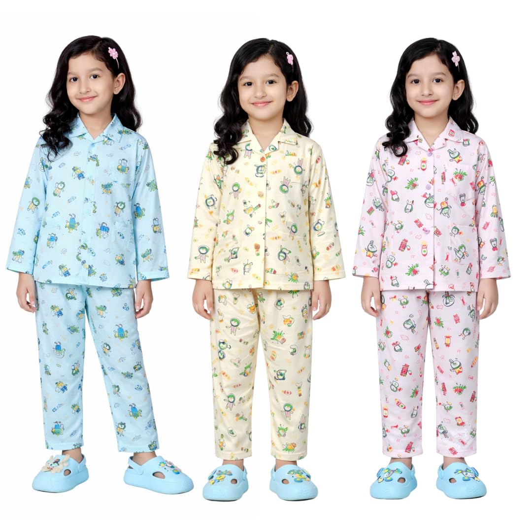 BORNLOV Girls Cotton Printed Pajama Set, Blue, Yellow and Pink Long Sleeve Shirt and Pants, Pack of 3 (2 Years3 Years)