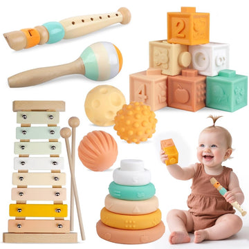 Baby Toys 6-12 Months Montessori Toys for Babies 6-12-18 Months,Wooden Stacking Building Blocks,Infant Teething Toys Sensory Bal