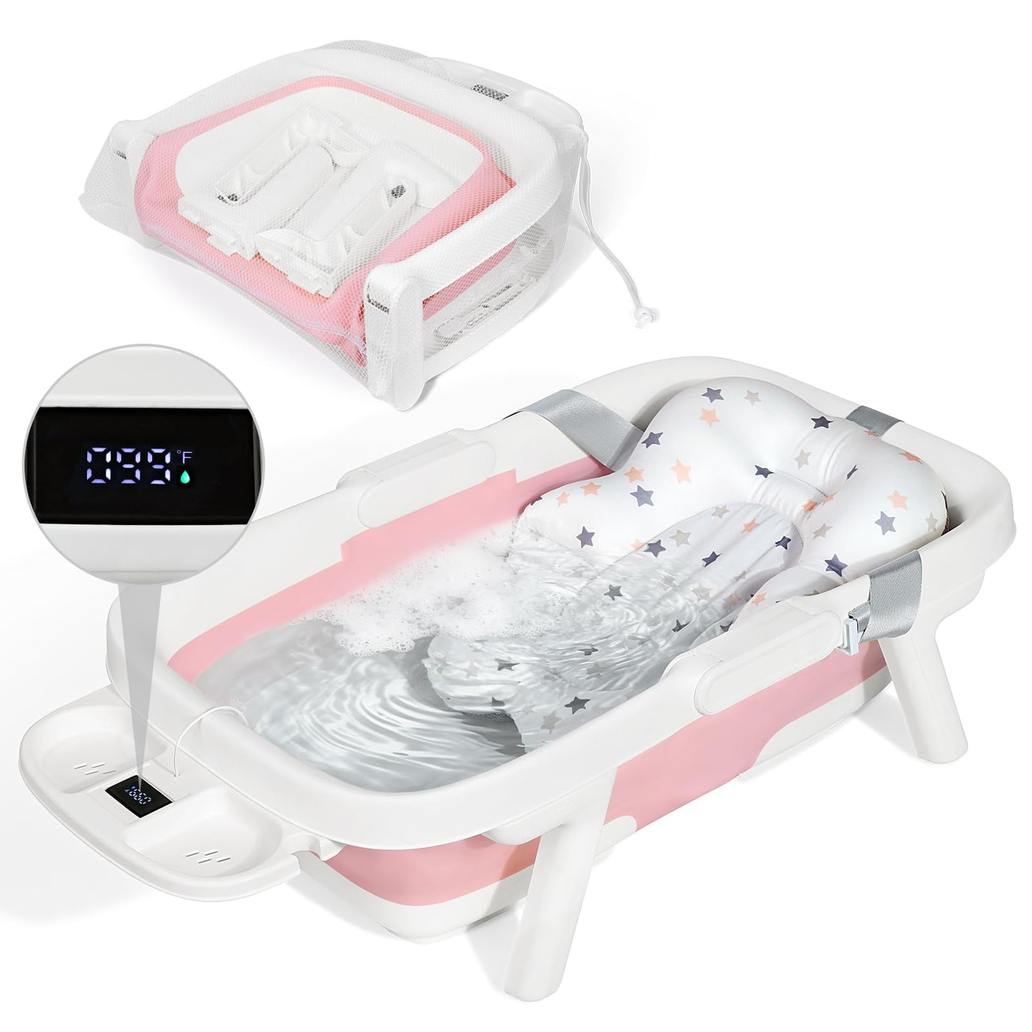 Orzbow Collapsible Baby Bathtub, Large Baby Bath Tub for Newborn with Soft Cushion & Thermometer, Travel Portable Baby Tubs for