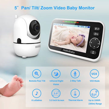 Hellobaby Hb6550 5' Baby Monitor 4 Cameras No Wifi, 26-Hour Battery, Pan-Tilt-Zoom, 1000Ft Range Video Audio Baby Monitor, Eco,