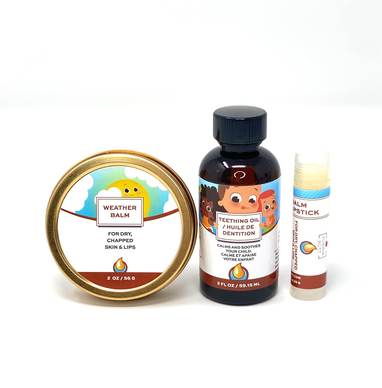 Punkin Butt Teething Oil and Baby Weather Balm Set for Sore Gum Relief and Dry Chapped Skin from Drool Rash | All Natural, Organ