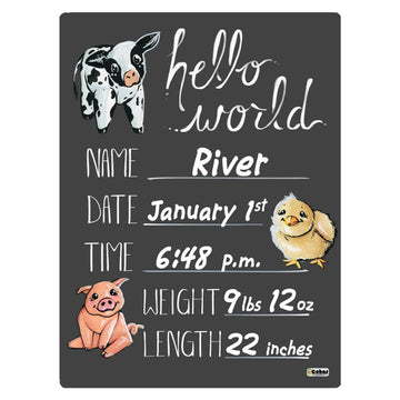 Cohas Hello World Newborn Baby Announcement Chalkboard Sign With Farm Animal Theme, 9 By 12 Inches, No Marker