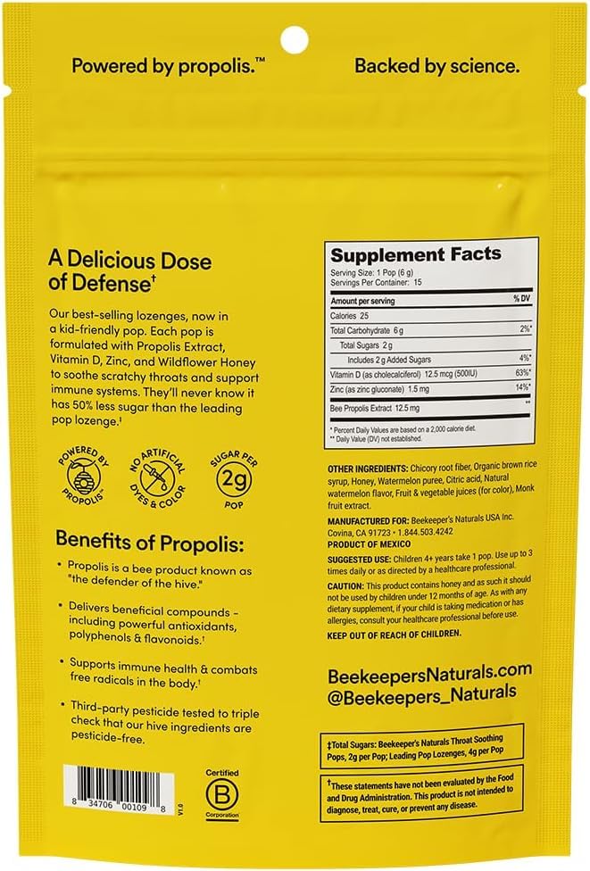 Kids Throat Soothing Watermelon Lollipops, By Beekeeper'S Naturals - Doctor Formulated Immune Support, Under 2G Sugar, Vitamin D