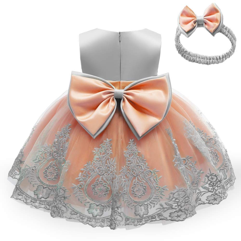 Cmmchaah Princess Girls Lace Embroidery Bow Toddler Dresses Cute Sleeveless Prom Dresses For Baby(Grey+Orange,110)