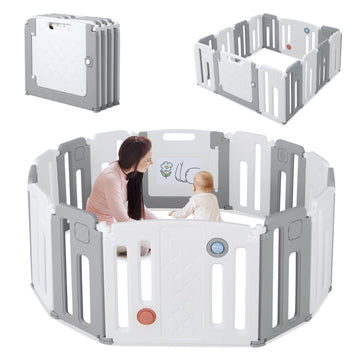 Costzon Baby Playpen, 14-Panel Extra Large Playpen For Babies And Toddlers, Foldable Activity Play Center With Safety Gate, Whit