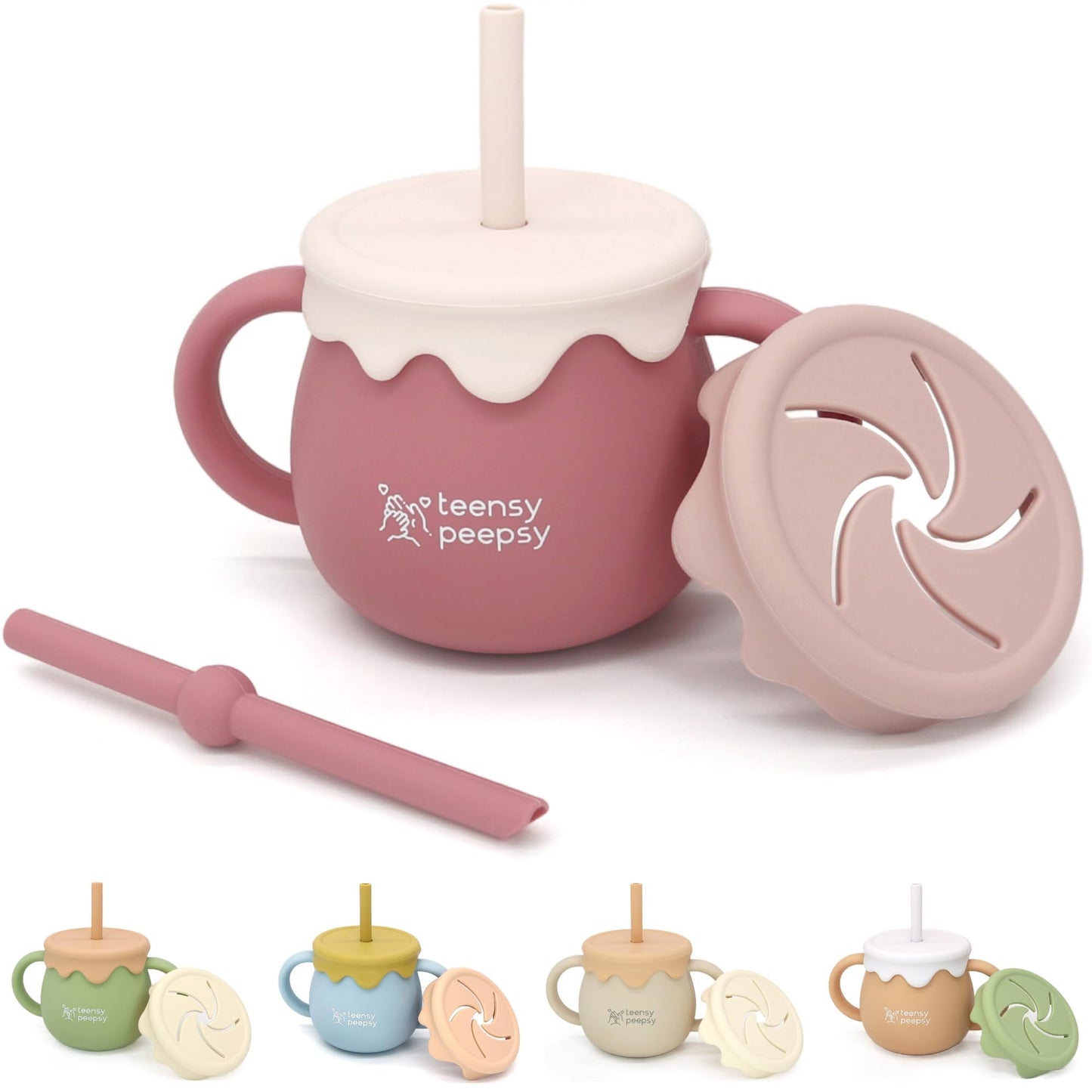 teensy peepsy Honey Jar Pot 3-in-1 Silicone Training Cup 8.5oz, Baby Sippy Cup with Straw & Snack Cup for 6 months+ Straw Cup fo