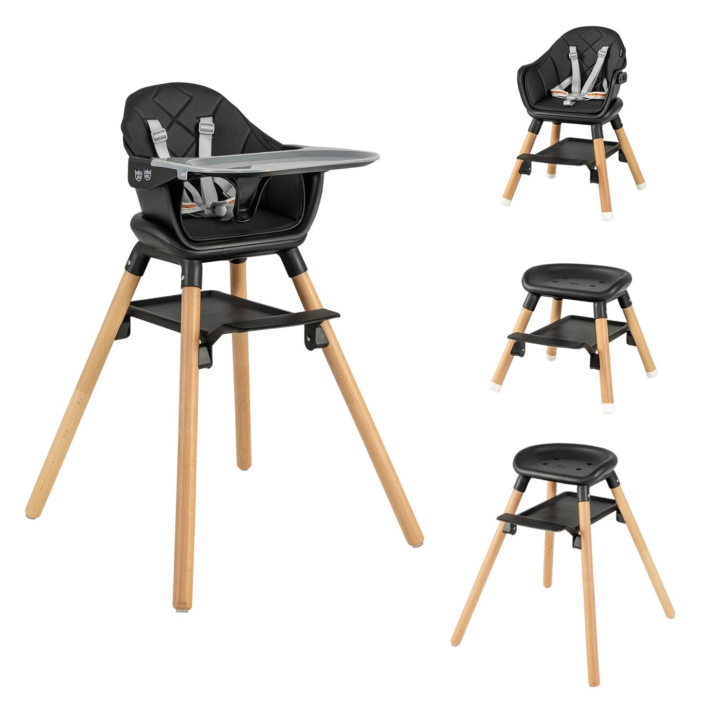 HONEY JOY Baby High Chair, 6 In 1 Convertible Wooden Highchair for Babies and Toddlers/Toddler Chair/Bar Stool, Removable Double
